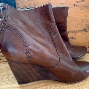 Frye Chestnut Leather Wedge Ankle Boots